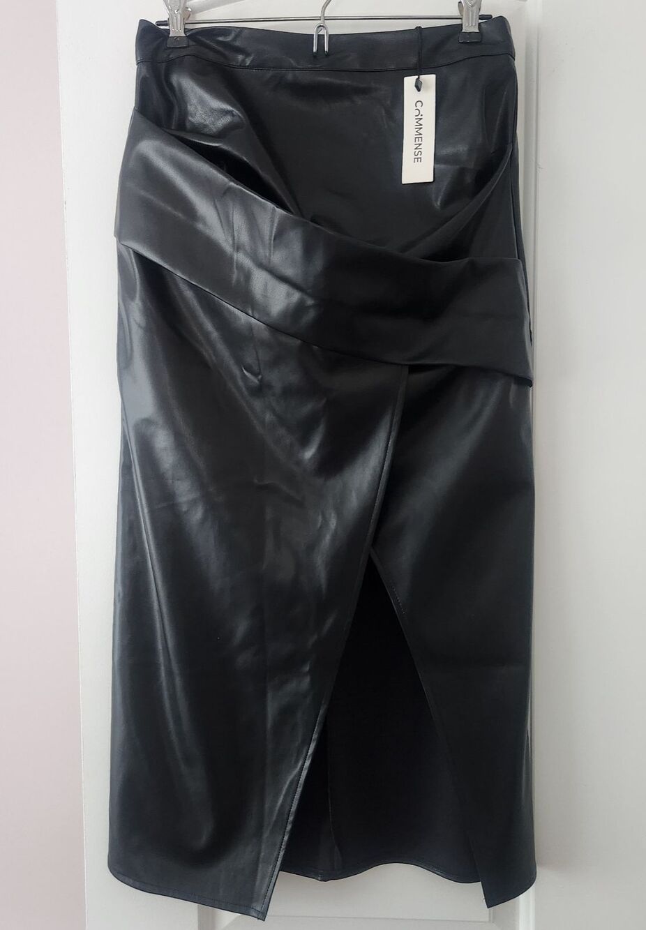 NWT Commense Faux Leather Ruched Slit Midi Bodycon Pencil Skirt - Black - Size L - Picture 9 of 9